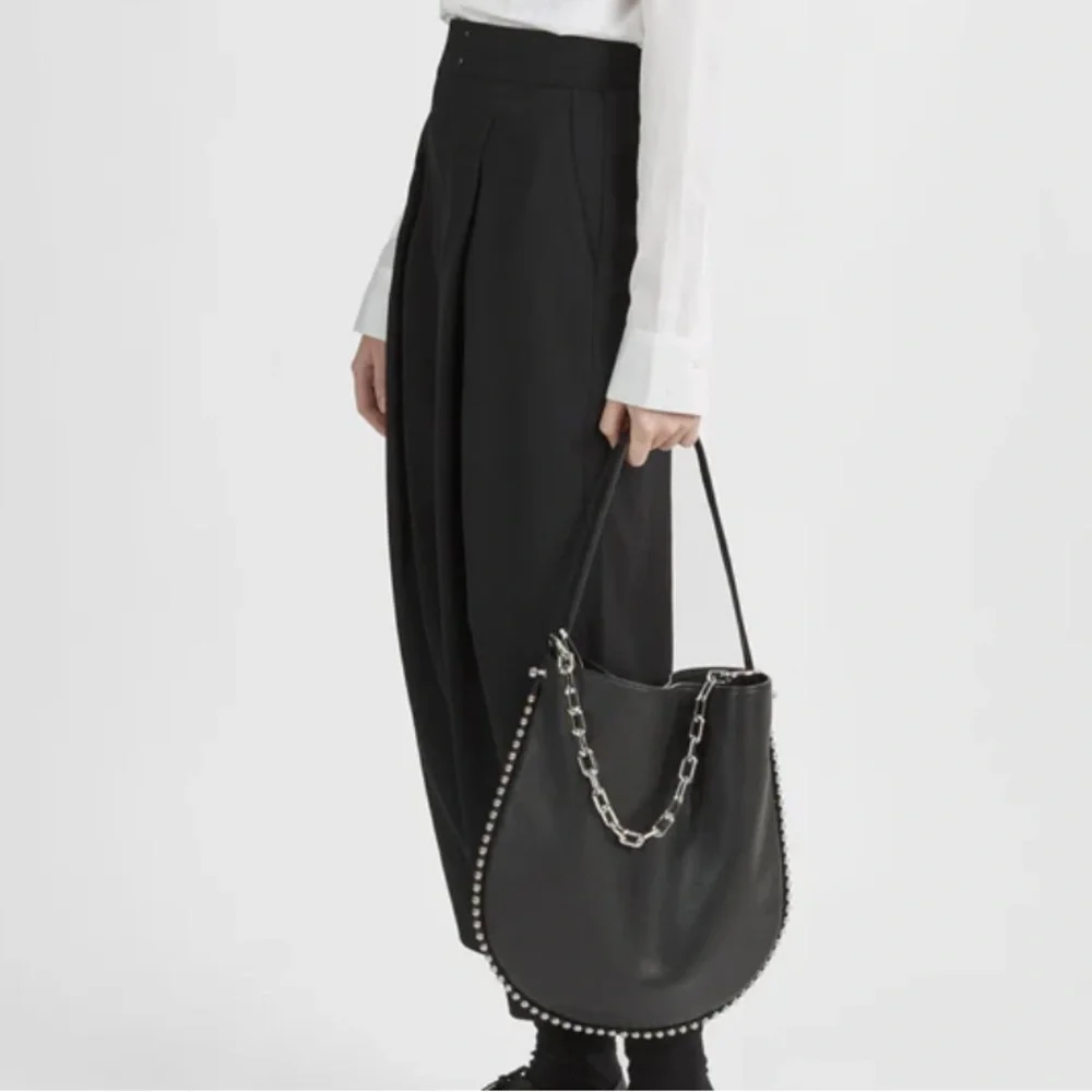 Alexander Wang Roxy Hobo Bag Black Pebbled Leather Silver Studs Crossbody Strap